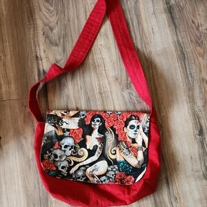 Red Crossbody Messenger Bag with Floral Skull Print